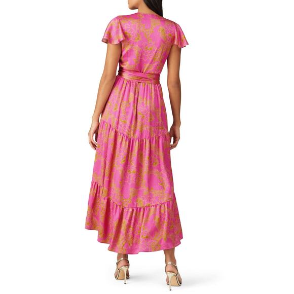 TANYA TAYLOR Women's Pink Orange Floral 100% Silk V-Neck Lisa Wrap Dress size 2 - Picture 3 of 16